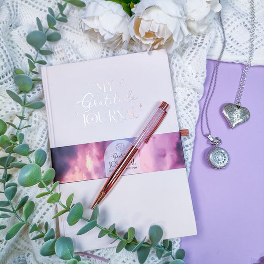 Muistikirja kiitollisuus + ruusukvartsi kynä